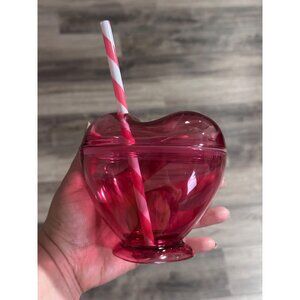 Heart-Shaped Pink Plastic Tumbler Cup W/ Lid & Straw - Reusable Drinkware